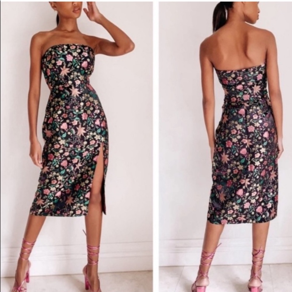 Lulus Make a Move Black Satin Floral Jacquard Strapless Midi Dress